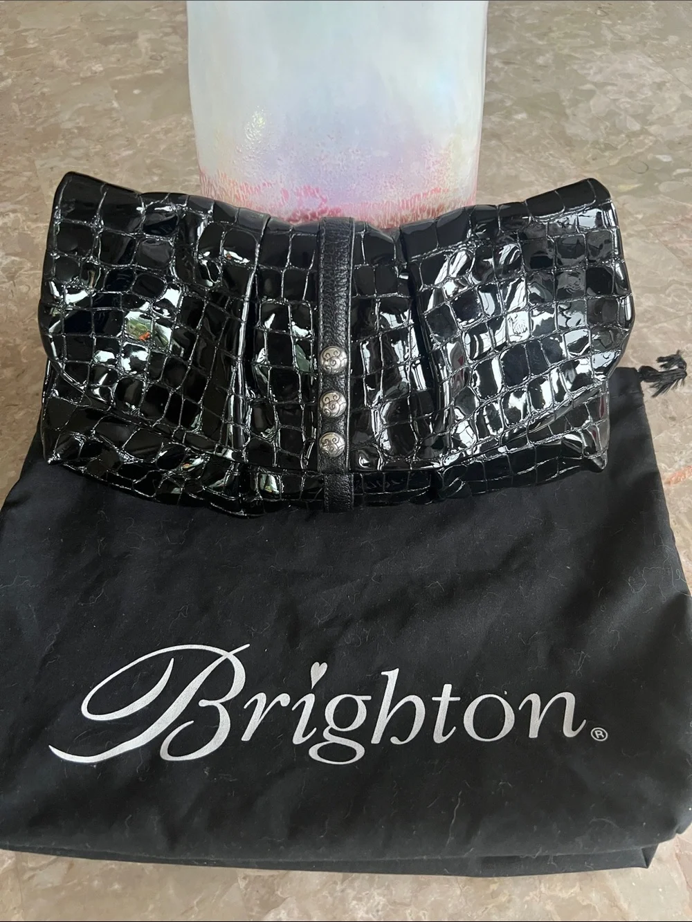 Brighton Black Croc-Embossed Patent Clutch/Crossbody with Silver Accents - Picture 1 of 8